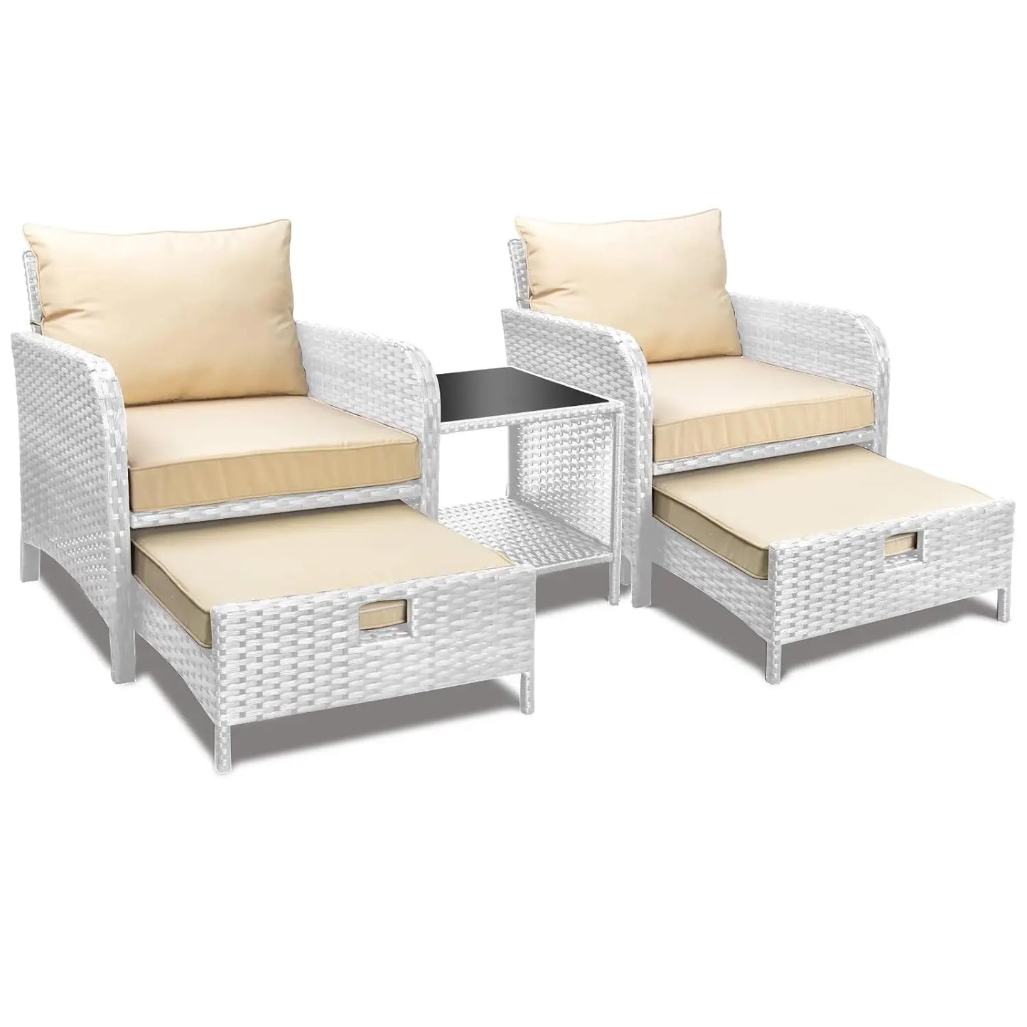 5 Piece Balcony Wicker Rattan Furniture Patio Conversation Set with Lounge Chairs and Footstools.