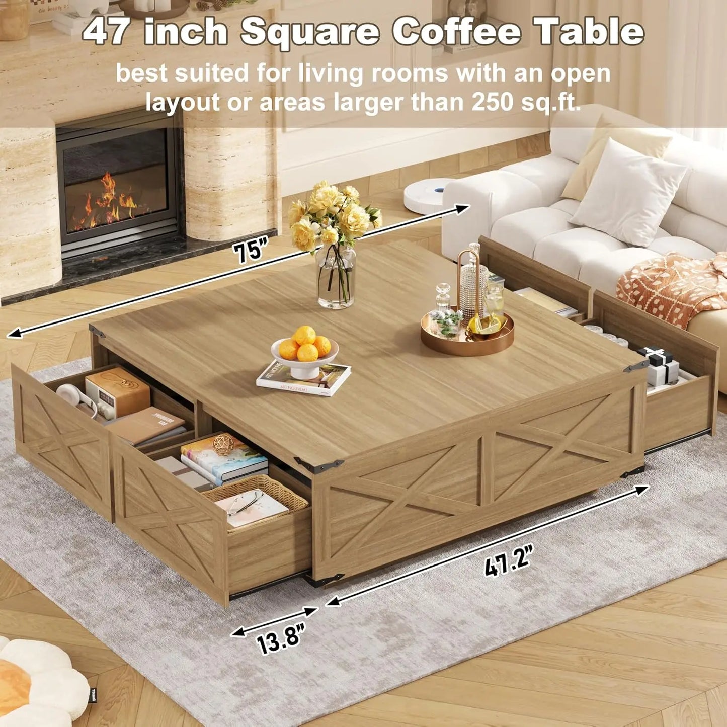 47” Farmhouse Square Coffee Table with 4 Drawers