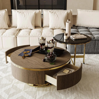 Mid-Century  Walnut and Gold Round Nesting Coffee Table Set of 2,