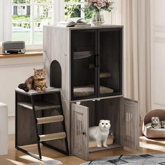 Easy Clean Cat Activity Furniture with  Enclosed  Litter Box,  Doors,  Storage, Ladder, and  Playhouse