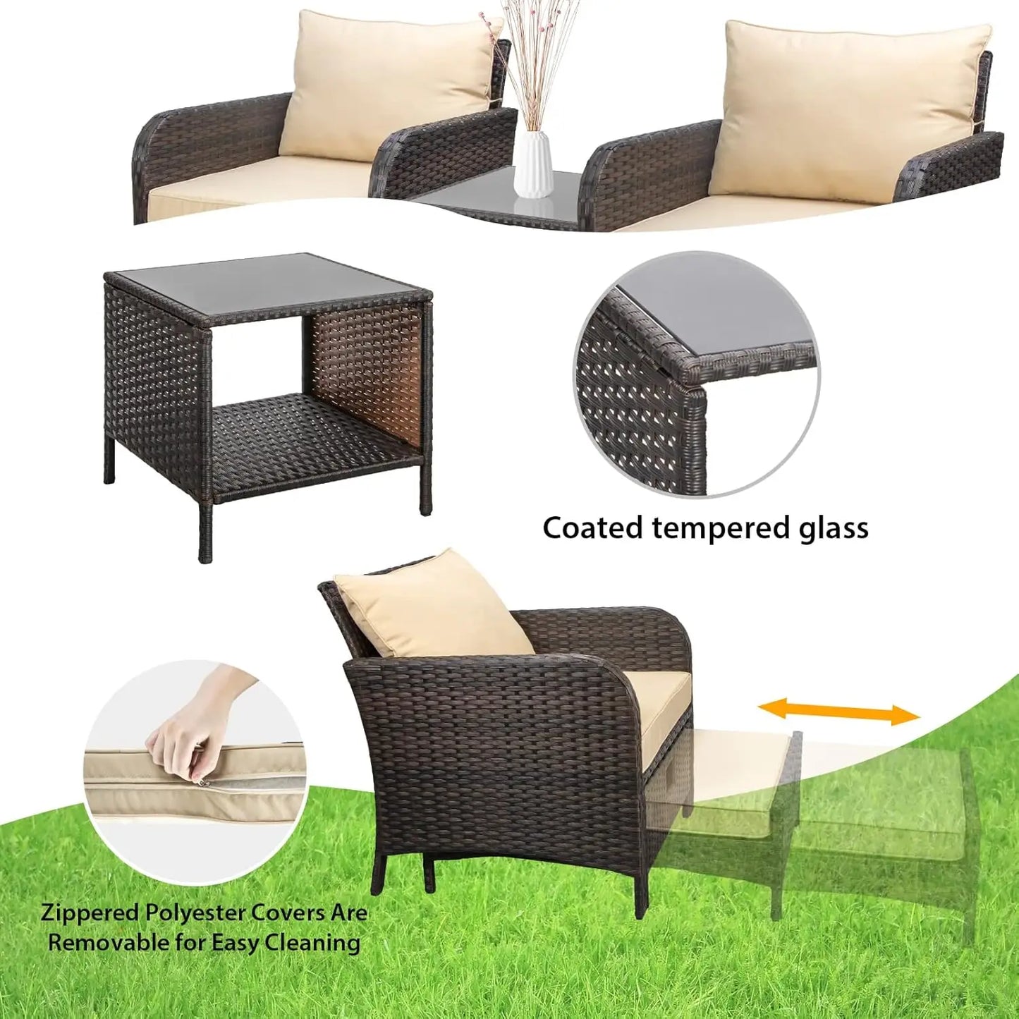 5 Piece Balcony Wicker Rattan Furniture Patio Conversation Set with Lounge Chairs and Footstools.