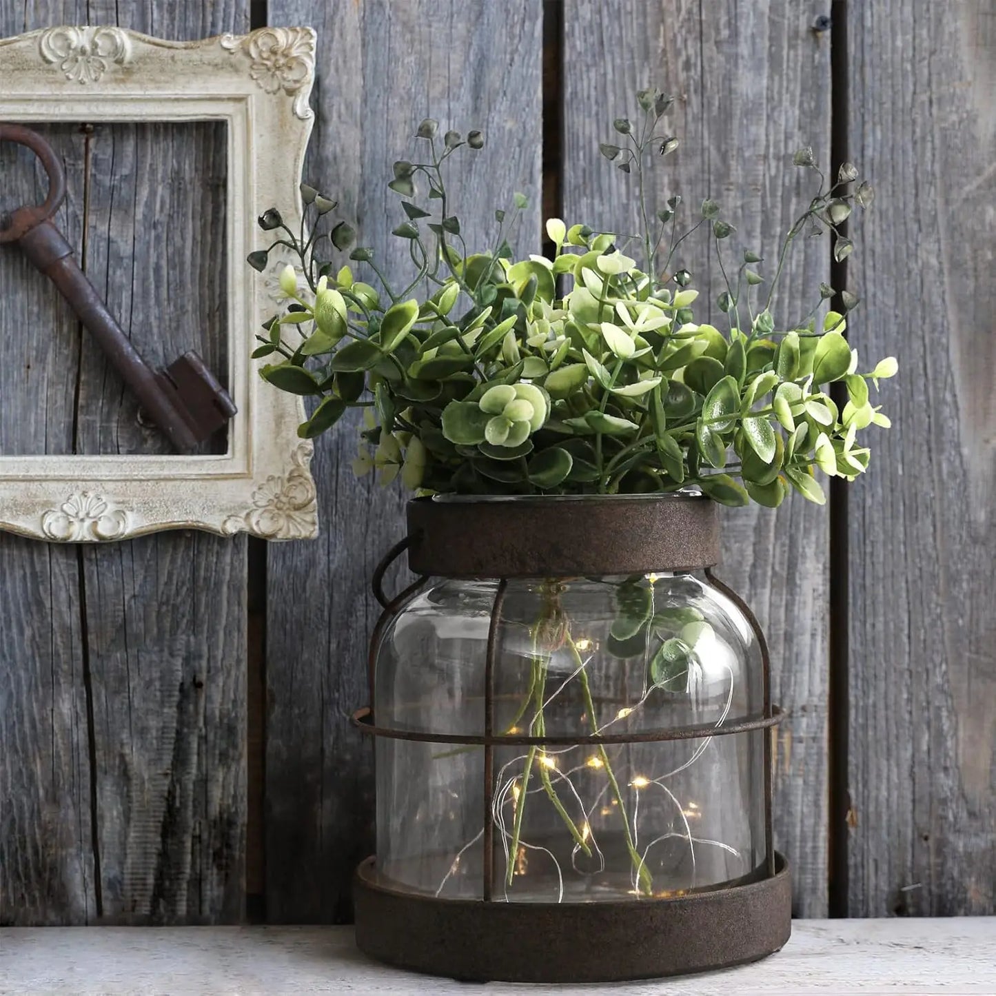 Vintage Glass Lantern Vase with Greenery and Lights