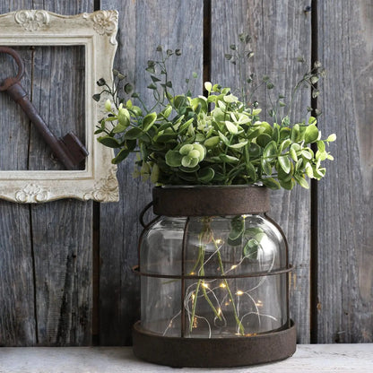 Vintage Glass Lantern Vase with Greenery and Lights