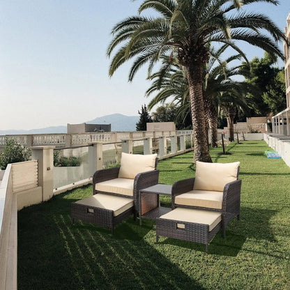5 Piece Balcony Wicker Rattan Furniture Patio Conversation Set with Lounge Chairs and Footstools.