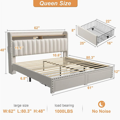 Queen Size Upholstered Bed Frame, with 2 Storage Drawers and 2-Tier Vertical Tufted Headboard