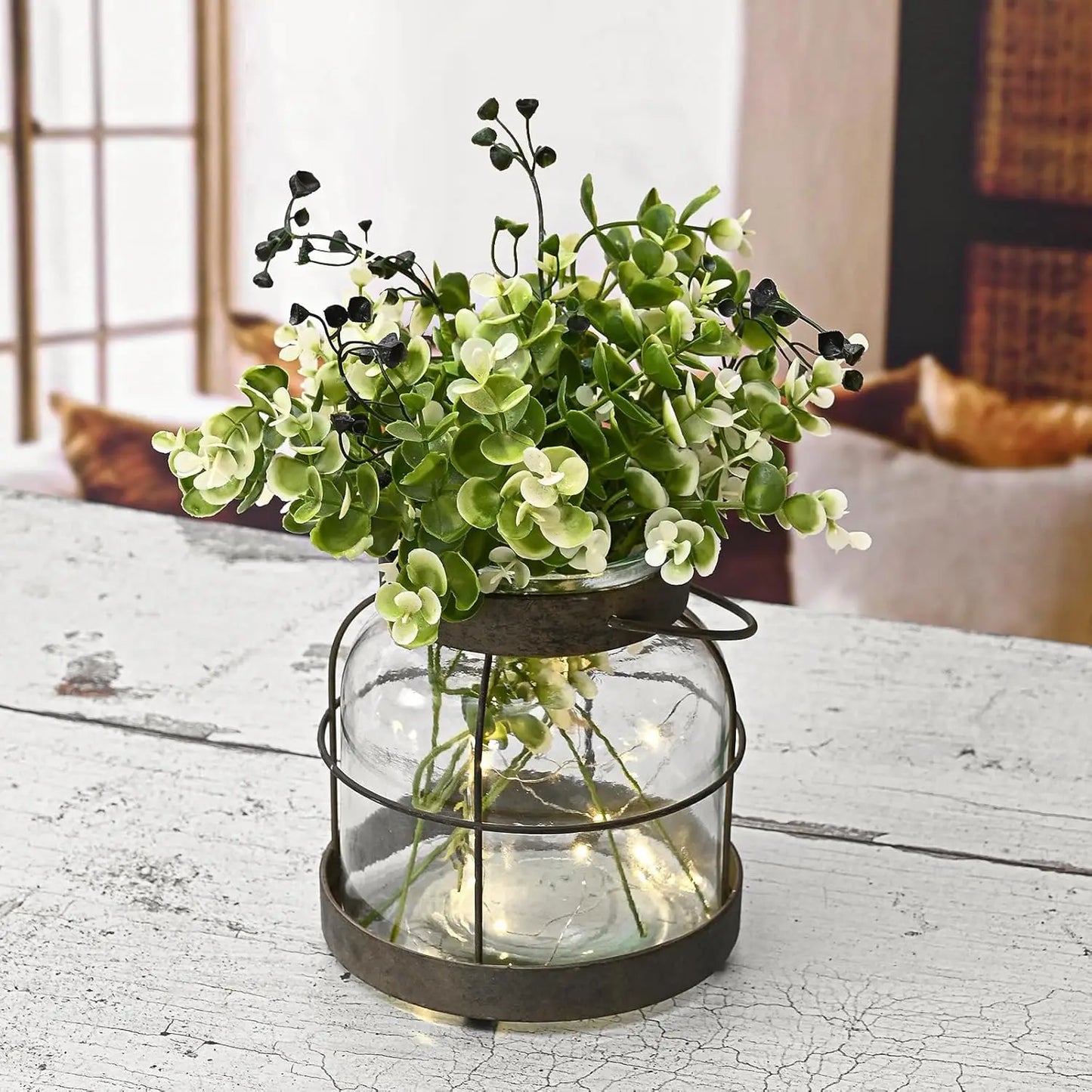 Vintage Glass Lantern Vase with Greenery and Lights