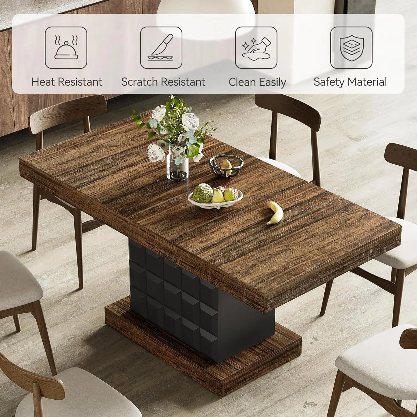 Modern Rectangular Dining Table for 4-6,  Sturdy Wood Pedestal Base in Rustic Brown & Black