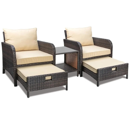 5 Piece Balcony Wicker Rattan Furniture Patio Conversation Set with Lounge Chairs and Footstools.