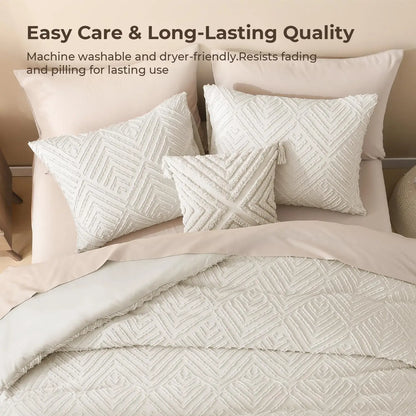 King Size Beige 3-Piece Comforter Set,  Boho Farmhouse Style with Tufted Design, Lightweight for All Seasons