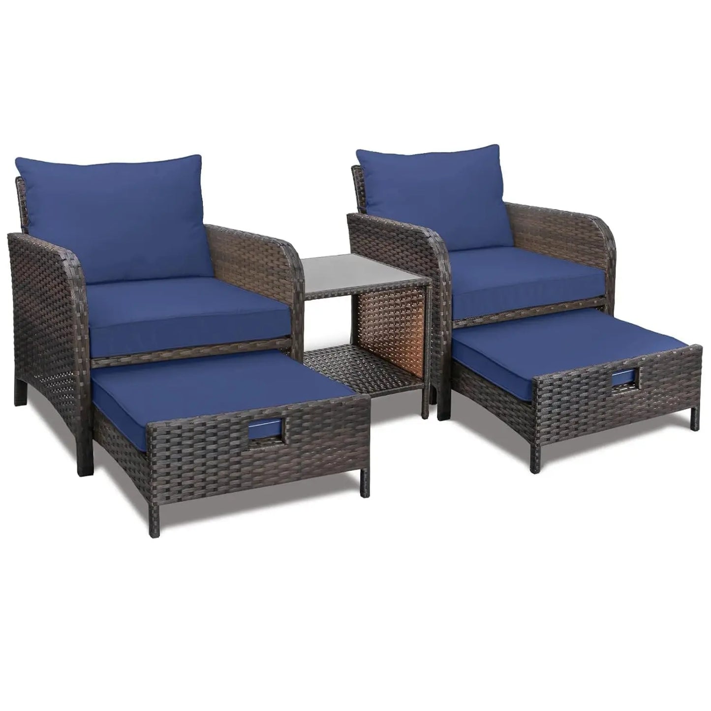 5 Piece Balcony Wicker Rattan Furniture Patio Conversation Set with Lounge Chairs and Footstools.