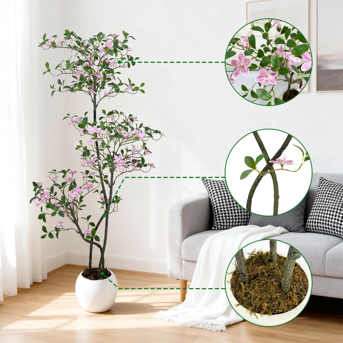Realistic Pink Blossom Faux Jasmine Tree with UV-Resistant Leaves and  White Planter