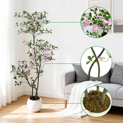 Realistic Pink Blossom Faux Jasmine Tree with UV-Resistant Leaves and  White Planter