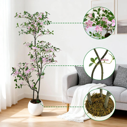 Realistic Pink Blossom Faux Jasmine Tree with UV-Resistant Leaves and  White Planter