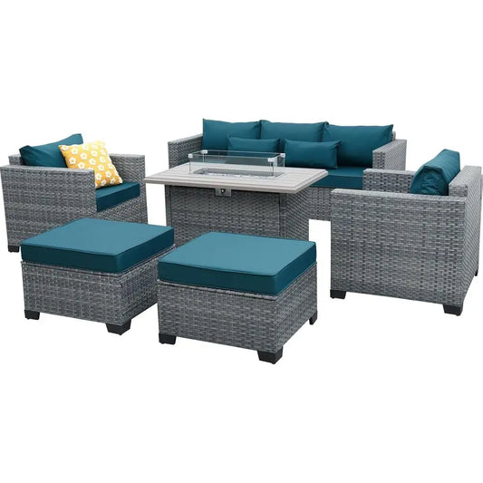 6-Piece  Wicker Patio Furniture Set with 45"  Fire Pit Table and Peacock Blue Cushions