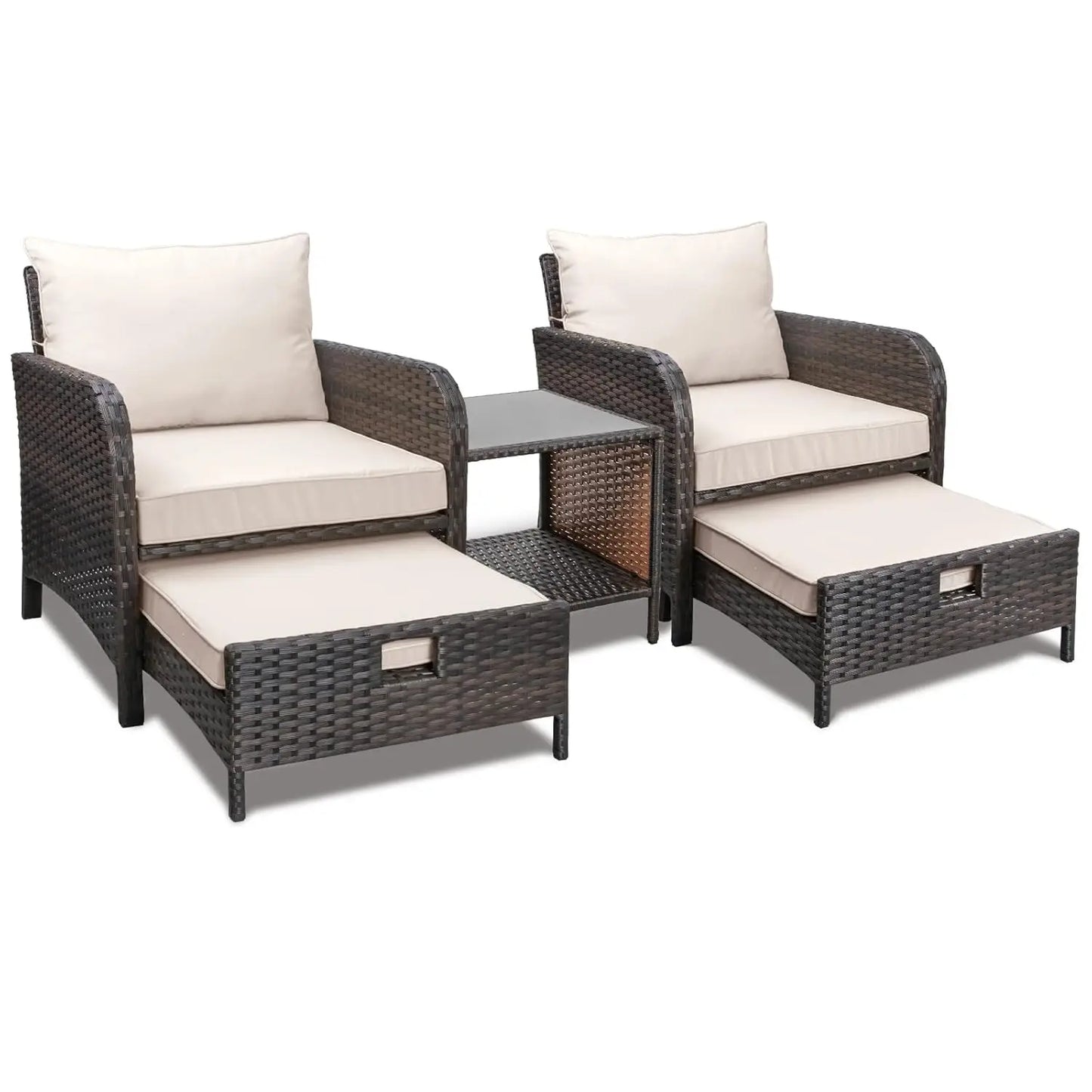 5 Piece Balcony Wicker Rattan Furniture Patio Conversation Set with Lounge Chairs and Footstools.