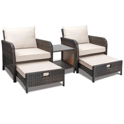 5 Piece Balcony Wicker Rattan Furniture Patio Conversation Set with Lounge Chairs and Footstools.