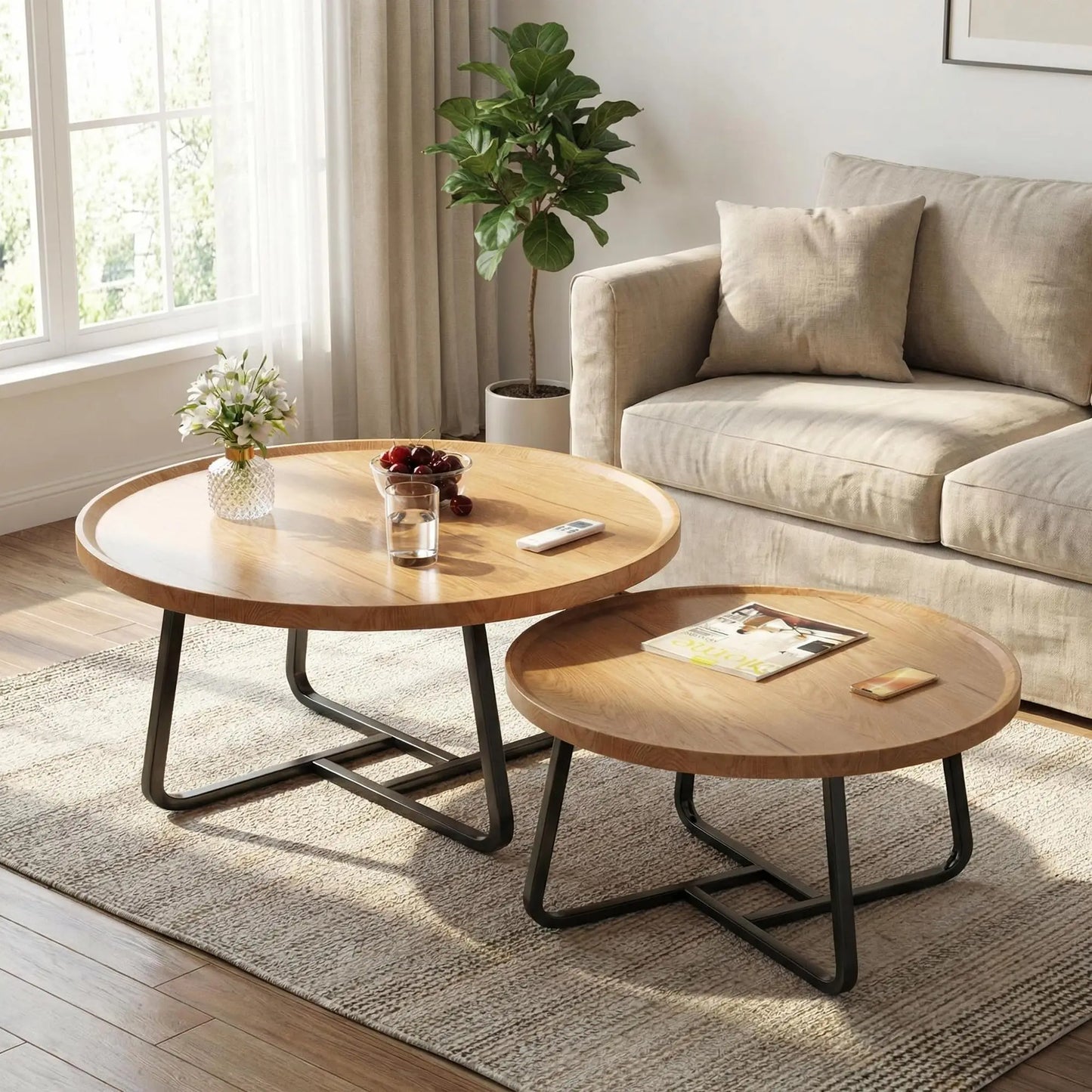 Mid Century Modern Nesting Coffee Table Set,  Wood With  Sturdy Metal Frame,