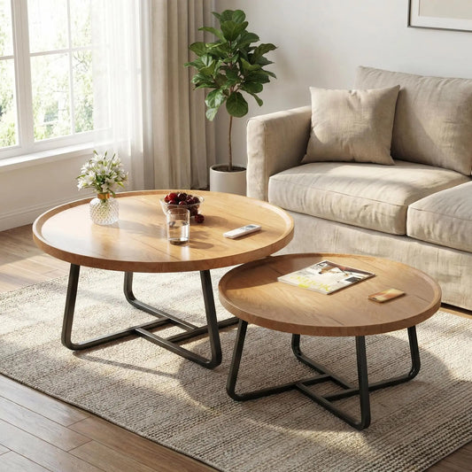 Mid Century Modern Nesting Coffee Table Set,  Wood With  Sturdy Metal Frame,