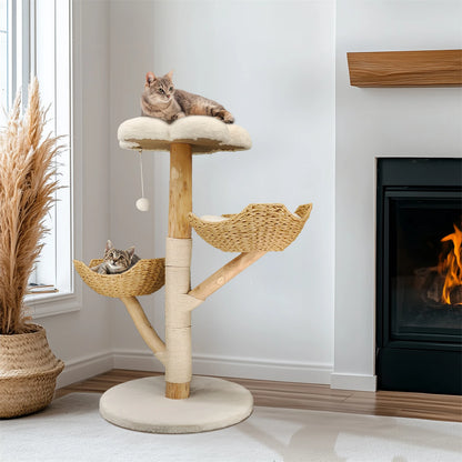Modern Indoor Cat Activity Tower with Plush Cushion, Scratching Post and Toy Ball.