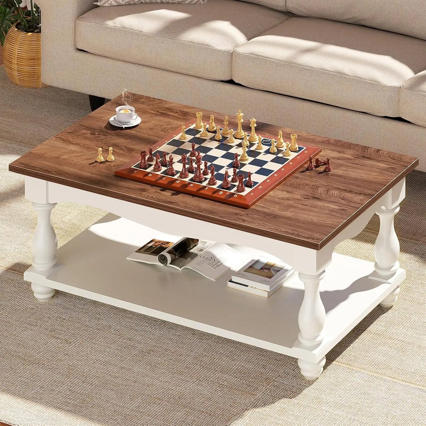 Farmhouse Coffee Table with Storage, Mid Century Coffee Tables for Living Room, 47 inch Modern 2-Tier Rectangle, Customized