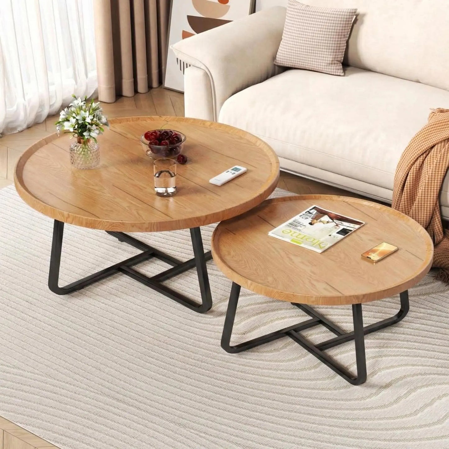 Mid Century Modern Nesting Coffee Table Set,  Wood With  Sturdy Metal Frame,