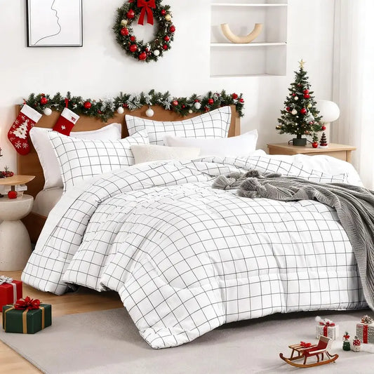 3 Pieces Lightweight Full Size Comforter Set White Gingham