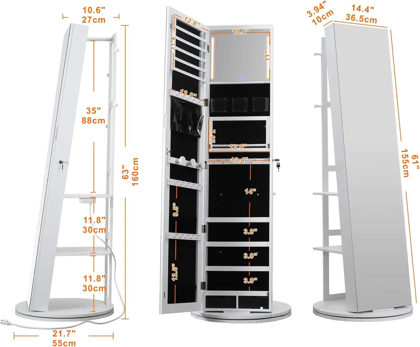 IRONCK 360° Swivel Mirrored Jewelry Cabinet with Full-Length Mirror, Charging Station, Interior Mirror, LED Lights, White