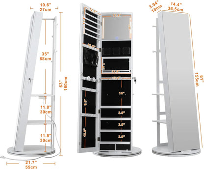 IRONCK 360° Swivel Mirrored Jewelry Cabinet with Full-Length Mirror, Charging Station, Interior Mirror, LED Lights, White