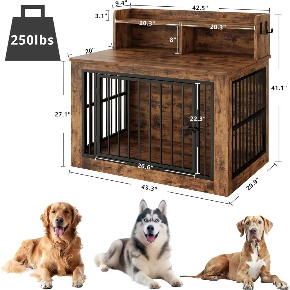 Extra Heavy Duty Large Dog Crate 43.3 in with Storage and 4 Hooks,