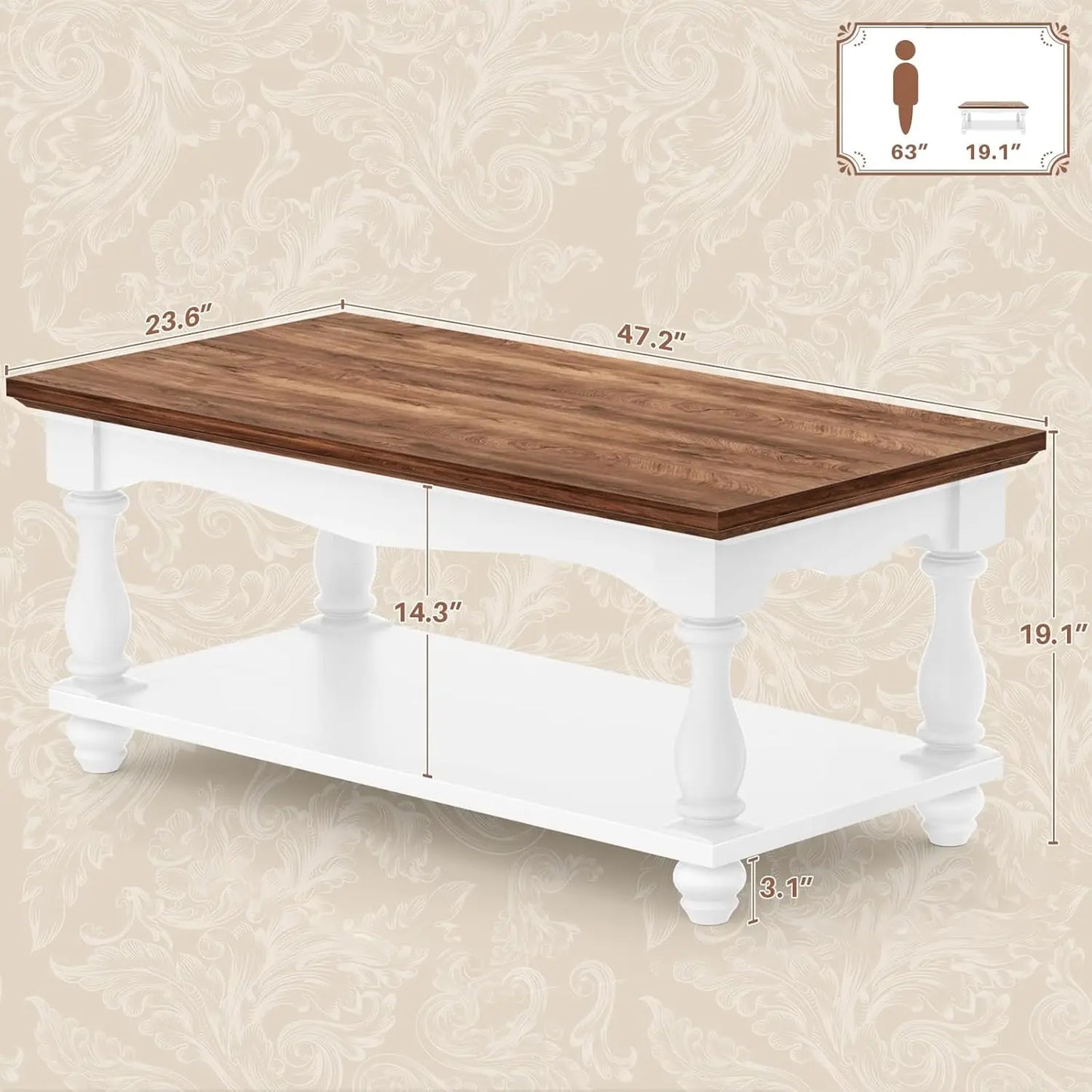 Farmhouse Coffee Table with Storage, Mid Century Coffee Tables for Living Room, 47 inch Modern 2-Tier Rectangle, Customized