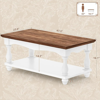 Farmhouse Coffee Table with Storage, Mid Century Coffee Tables for Living Room, 47 inch Modern 2-Tier Rectangle, Customized