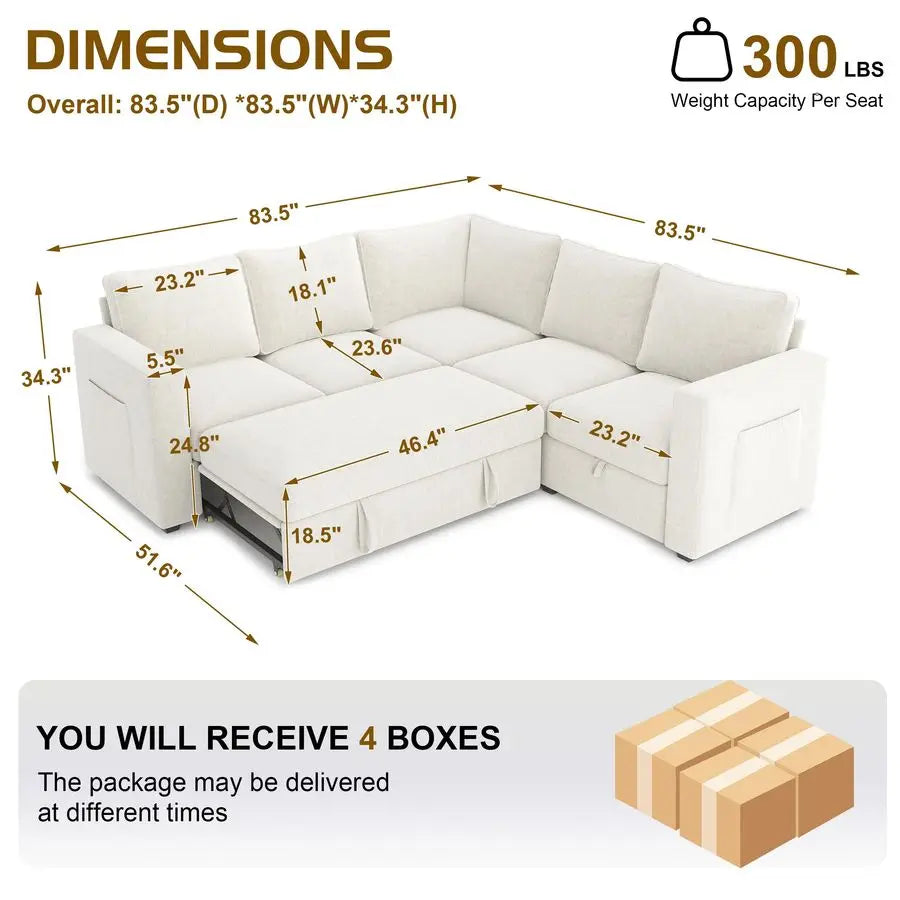 83.5 Modern 5 Seat Sectional Sleeper Sofa with Pull Out Couch