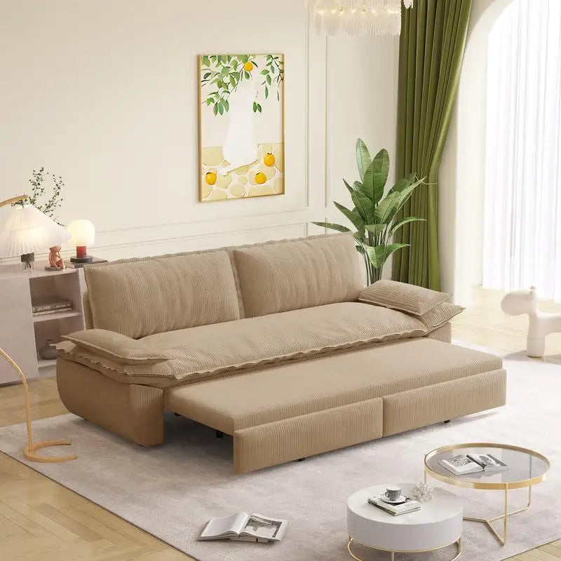 73.2" Queen Sofa Bed, 3-in-1 Convertible Sleeper, Multi-Functional Corduroy Loveseat in Camel Color