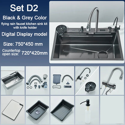 304 Stainless Steel Kitchen Sink with Digital Display Waterfall Faucet