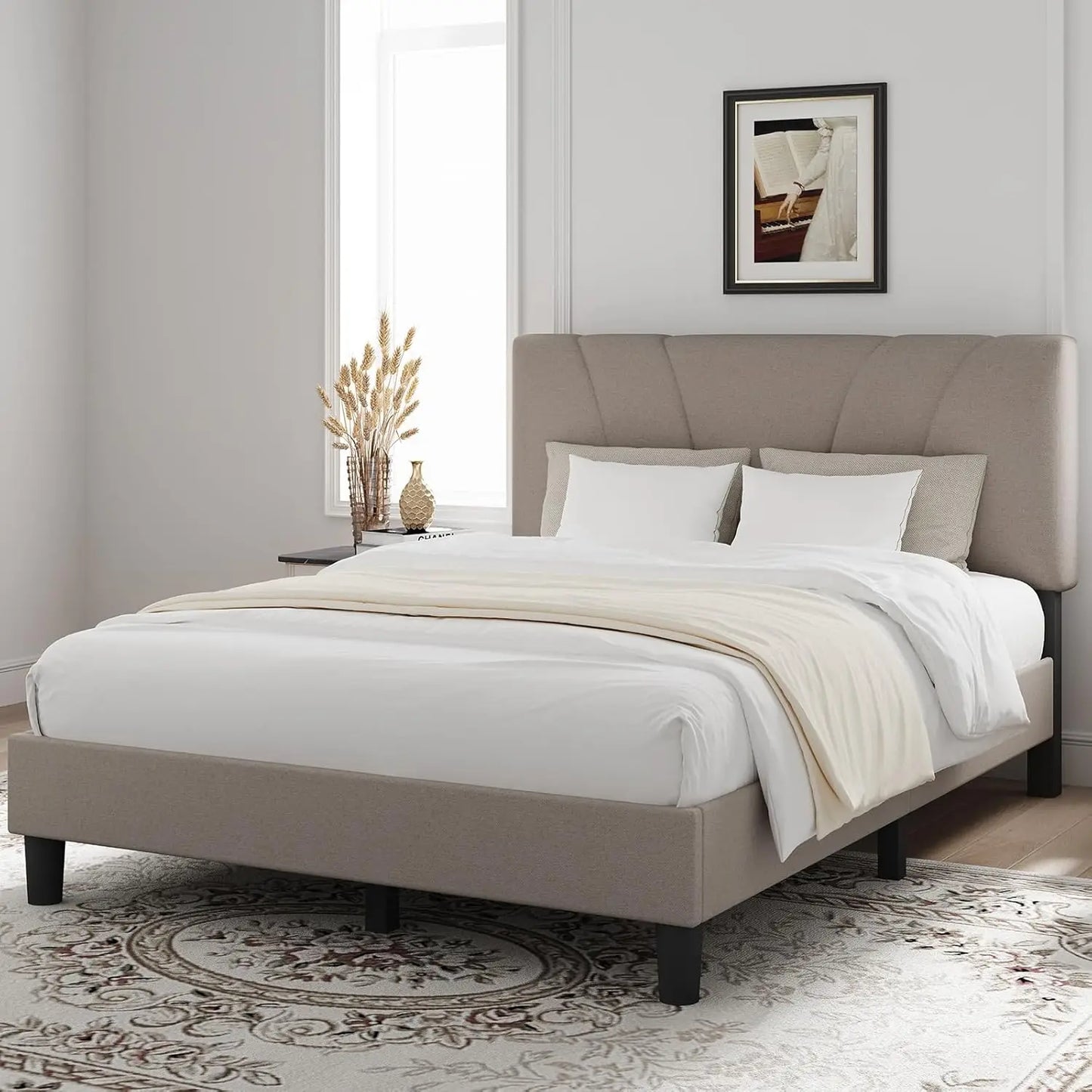 Adjustable Headboard King Bed Frame with Linen Upholstery, Beige