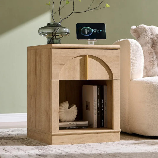 Modern Night Stand with Arched Panel,18" Wooden nightstand with Charging Station,Bedside Table with Drawer, Customized