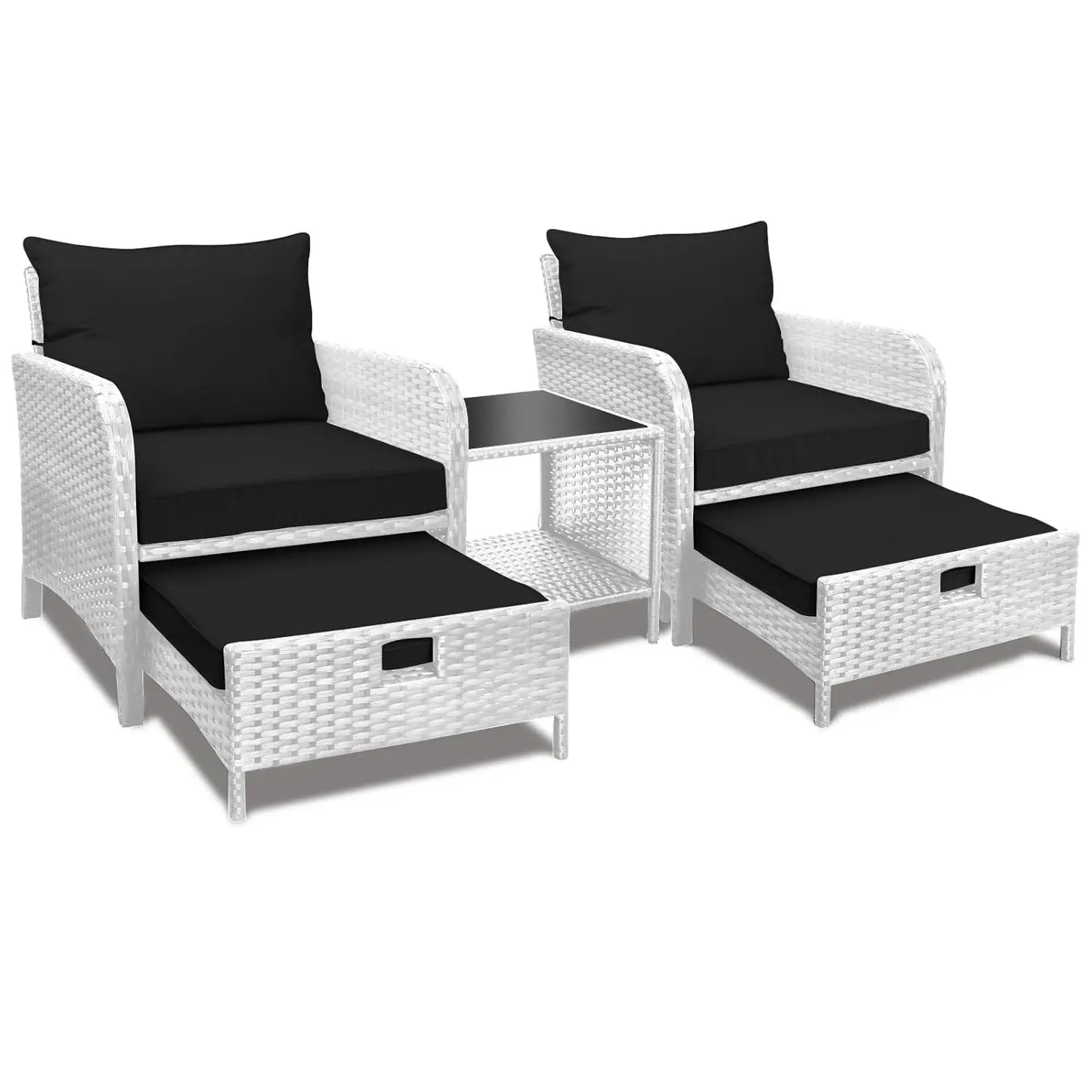 5 Piece Balcony Wicker Rattan Furniture Patio Conversation Set with Lounge Chairs and Footstools.