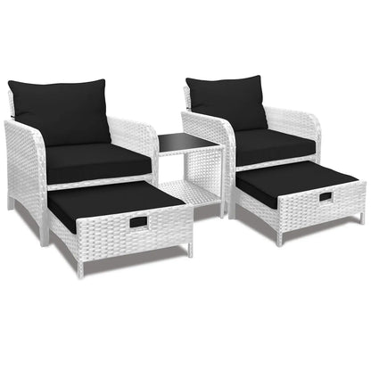 5 Piece Balcony Wicker Rattan Furniture Patio Conversation Set with Lounge Chairs and Footstools.