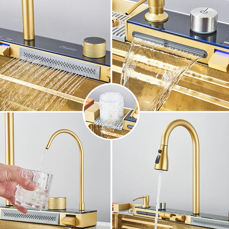 304 Stainless Steel Kitchen Sink with Digital Display Waterfall Faucet
