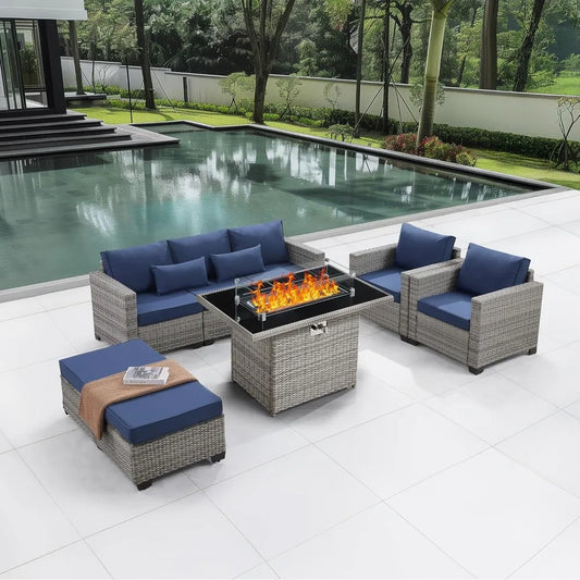 6-Piece Outdoor Patio Set with Fire Pit Table, PE Rattan Furniture & Cover, 60000 BTU Propane Heater (Royal Blue)