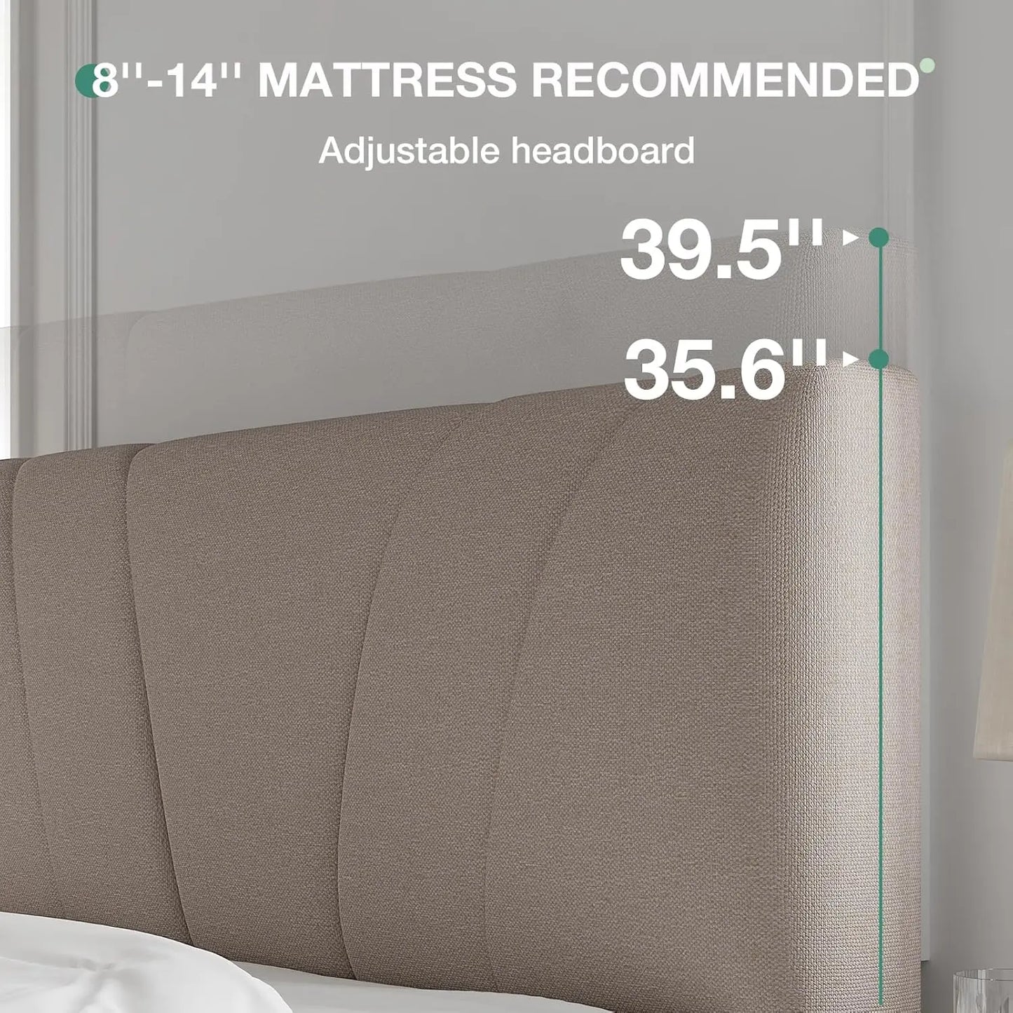 Adjustable Headboard King Bed Frame with Linen Upholstery, Beige