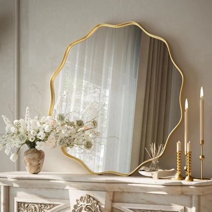 24 " Wavy Edge Gold Tone Scalloped Circular Mirror with Tempered Glass