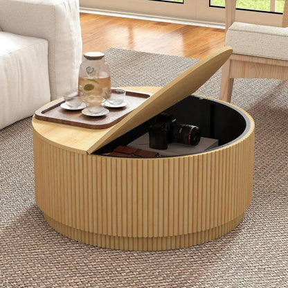 31.5" Modern Accent Round Coffee Table with Storage and Fluted Edge