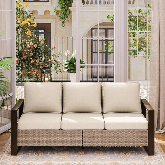 75" 3-Seater, All Weather Rattan & Metal  Patio  Sofa with Premium Cushions with Framed Wood Look
