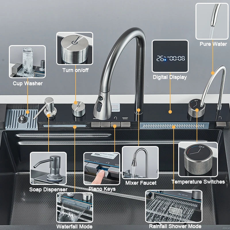 304 Stainless Steel Kitchen Sink with Digital Display Waterfall Faucet