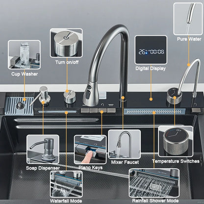 304 Stainless Steel Kitchen Sink with Digital Display Waterfall Faucet