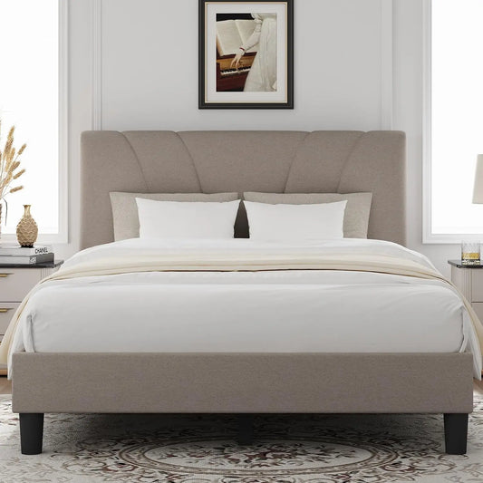 Adjustable Headboard King Bed Frame with Linen Upholstery, Beige