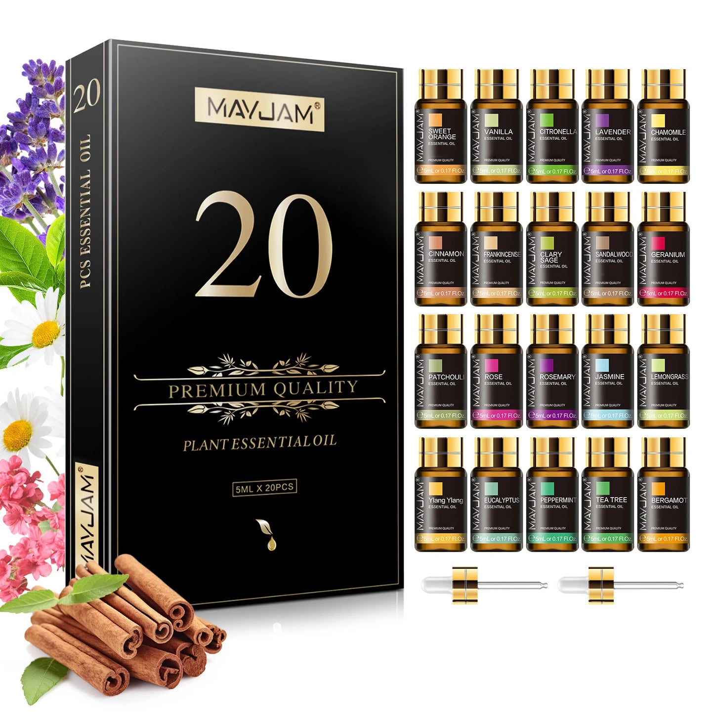20 Bottles Essential Oils Gift Box Including Lavender Jasmine Eucalyptus Vanilla Patchouli Citronella Sandalwood Rose Orange and Scents