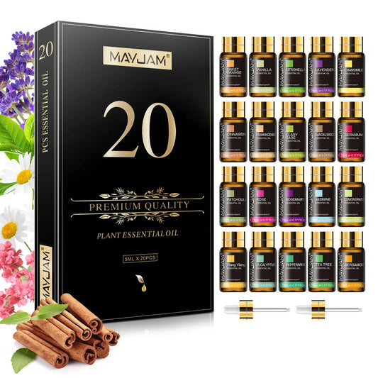 20 Bottles Essential Oils Gift Box Including Lavender Jasmine Eucalyptus Vanilla Patchouli Citronella Sandalwood Rose Orange and Scents