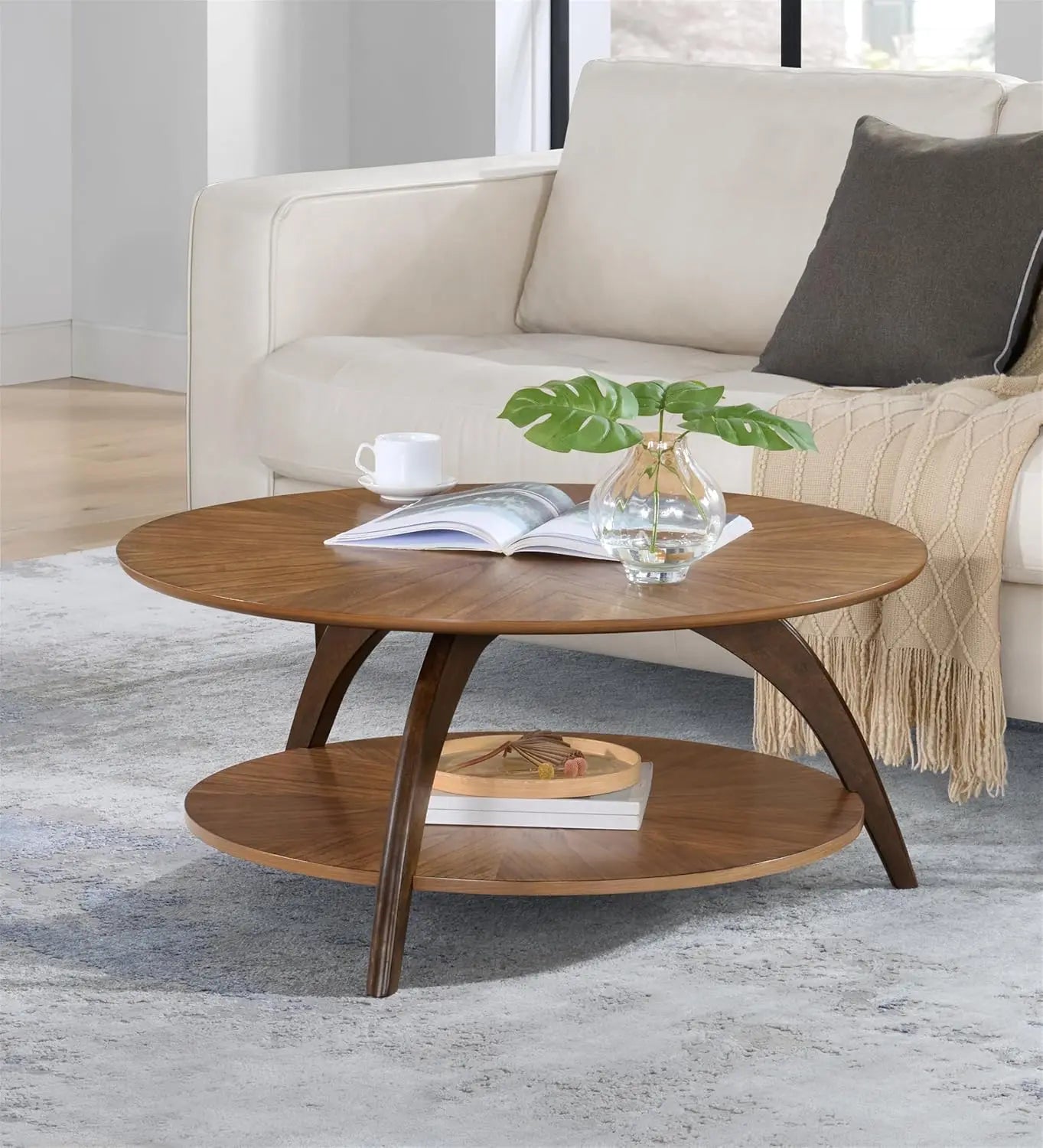 Round Wood Coffee Table with Lower Shelf . Caramel Brown with Walnut Brown Legs